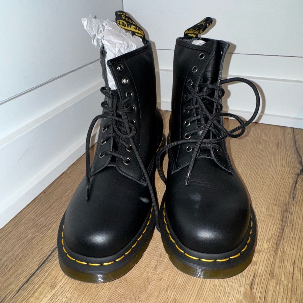 Dr. Martens Black Combat Boots with Yellow Stitching